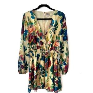 Haute Hippie Green Floral Smocked V Neck Mini Dress